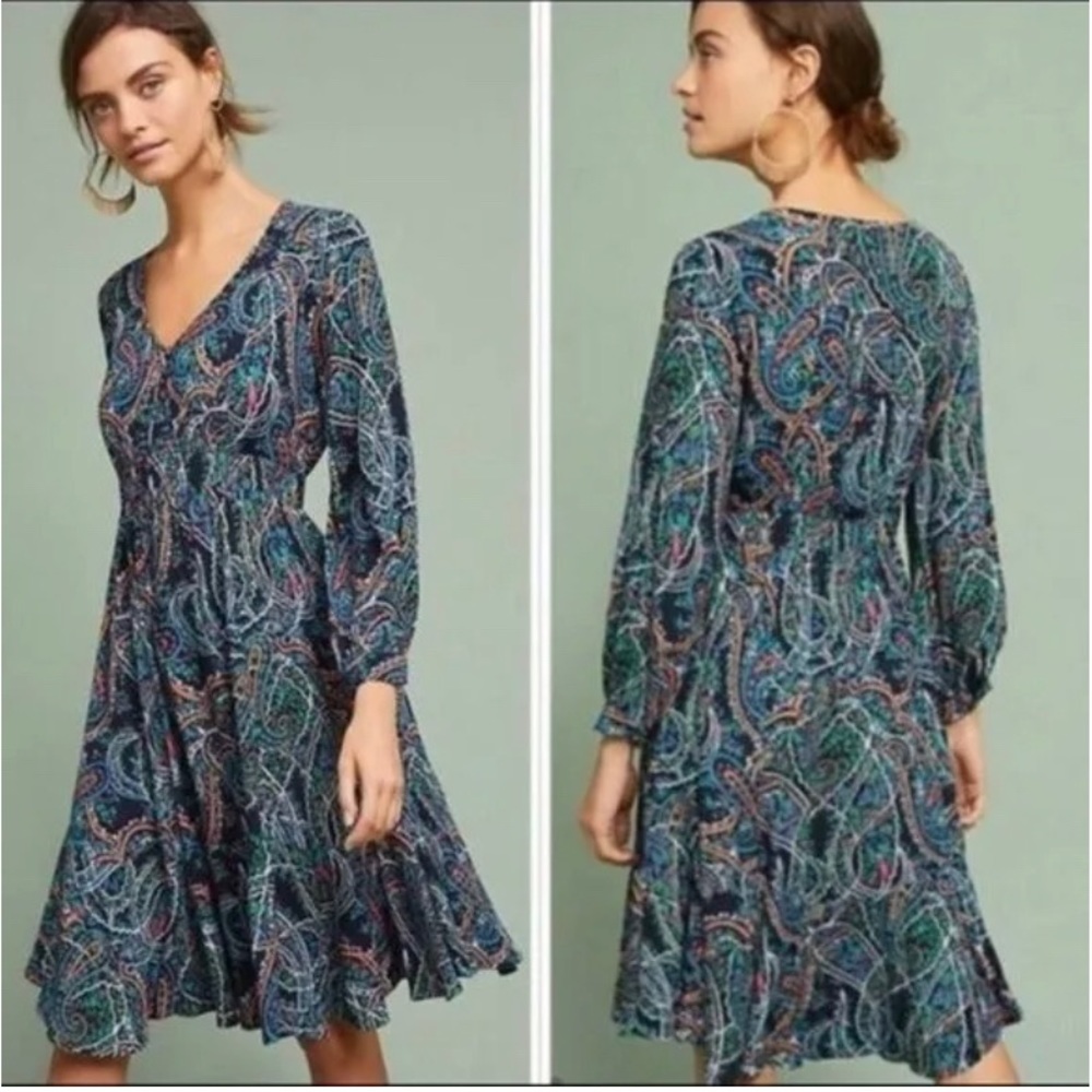 Anthropologie Long Sleeve Paisley Dress